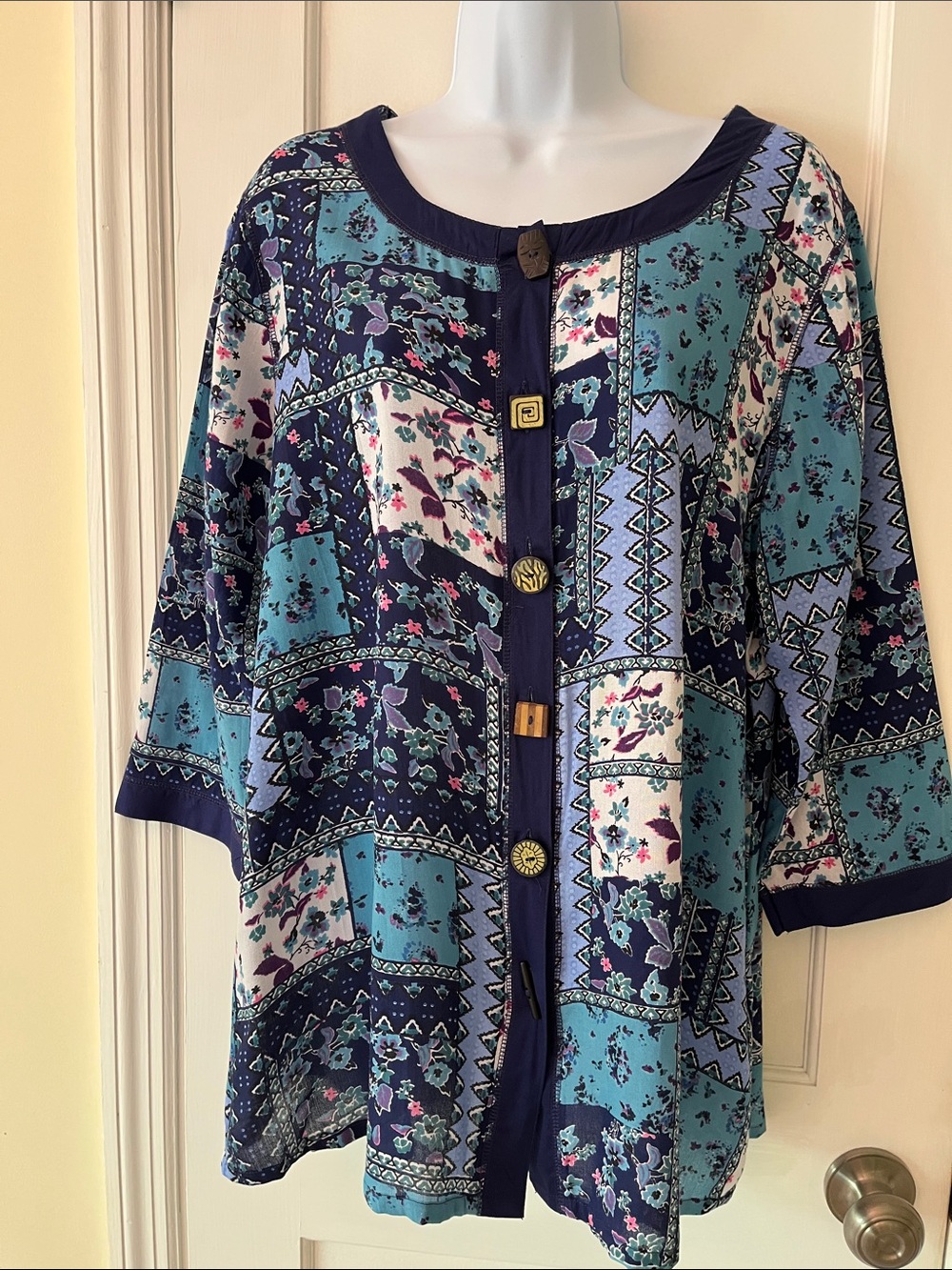 La Cera Patchwork Print Unique Button Front Women's Shirt Large Teal Blue Boho